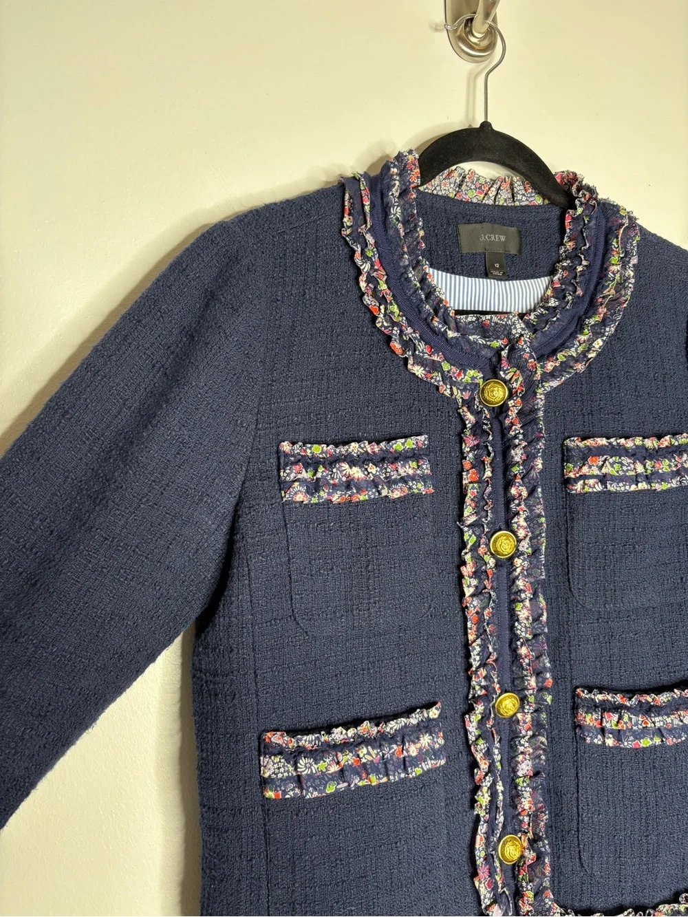 J. Crew Lady Jacket In Navy Blue Tweed Button Down Floral Ruffle Trim Size 12